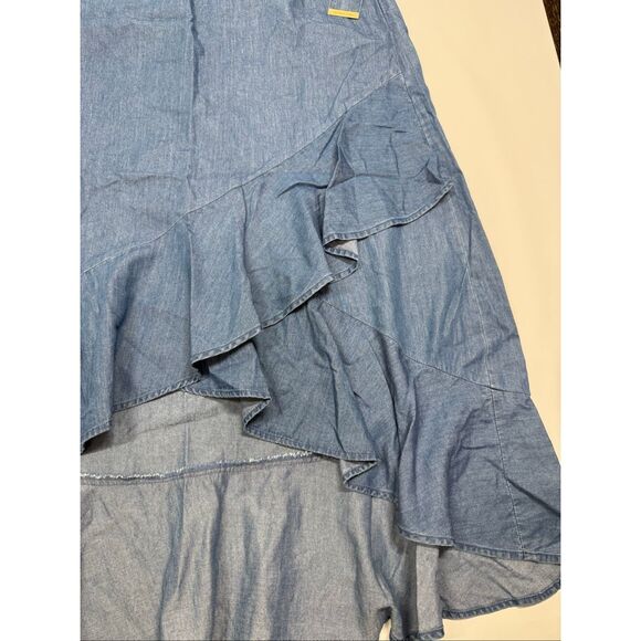Michael Kors Chambray ruffle lightweight denim faux wrap skirt size Large NWOT - Picture 2 of 10